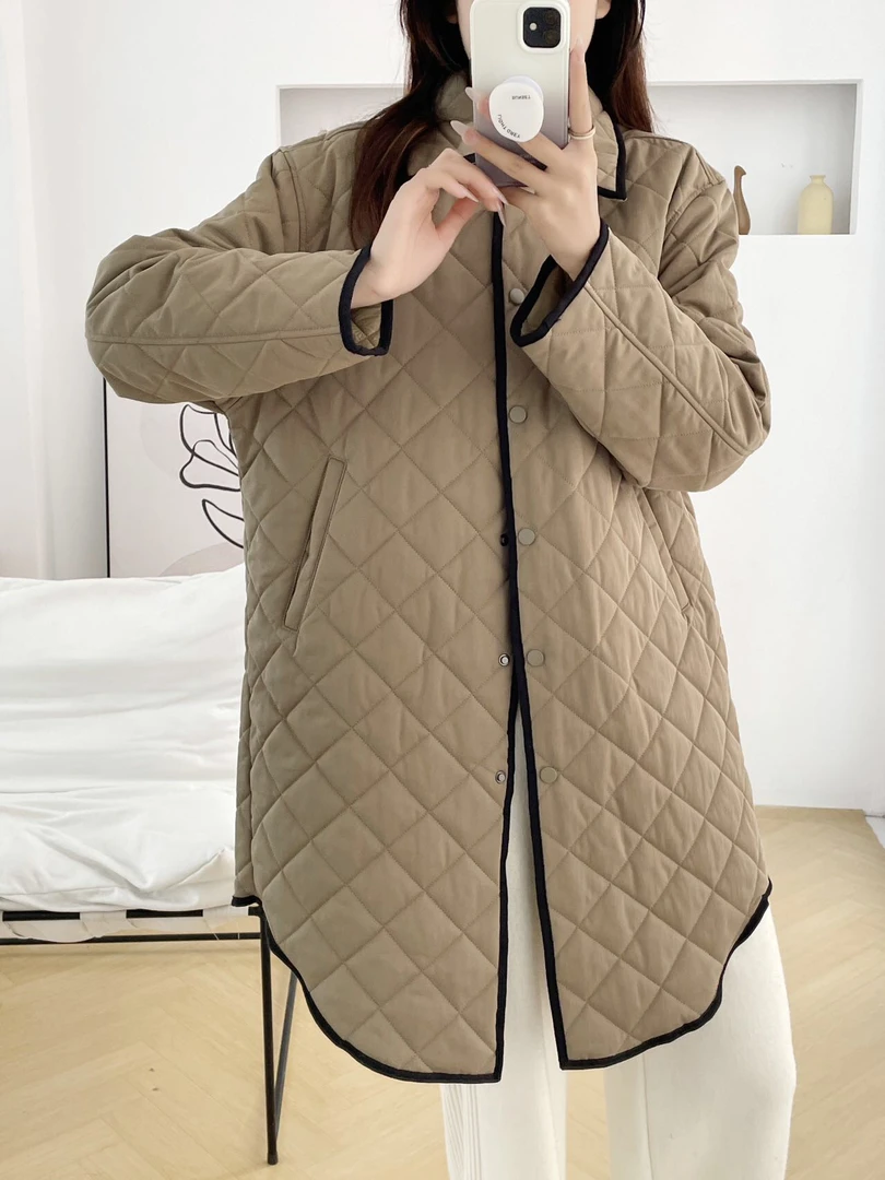 柜上to家同款经典菱格宽松廓形中长款时尚棉服外套复古风绗缝棉衣