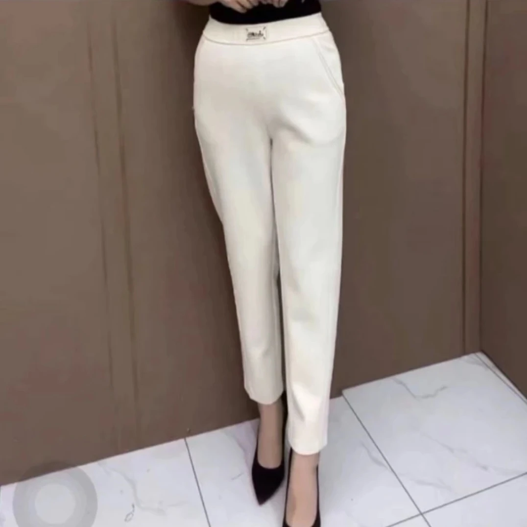 2025春夏中老年妈妈白色女士宽松显瘦直筒大码松紧高腰小脚九分裤