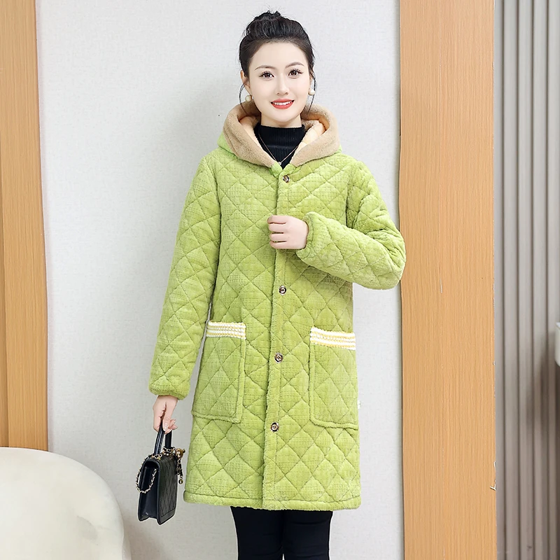加绒棉服加厚连帽时尚家居服女士2023年中长款棉衣冬季新款外套