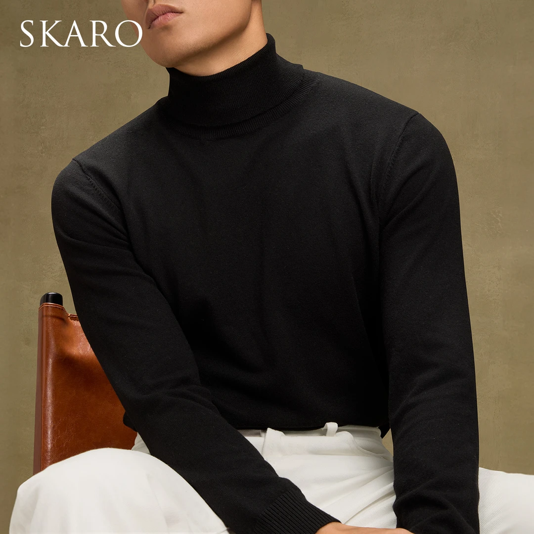 【可机洗 100%羊毛】SKARO黑色高领毛衣男士秋冬季针织衫打底羊毛衫