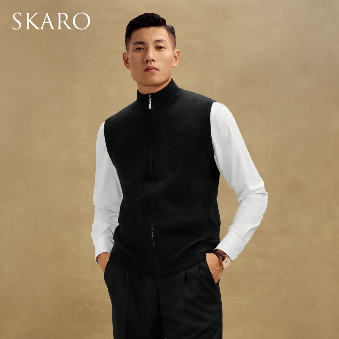 【可机洗 抗静电】SKARO男士商务马甲男秋冬羊毛黑色背心立领外套