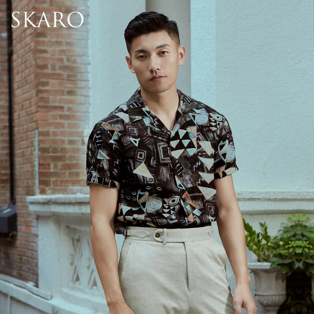 SKARO古巴领衬衫短袖男夏季花色休闲夏威夷衬衣