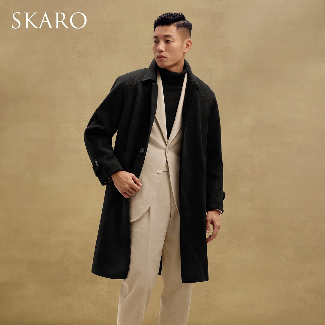 【含骆驼绒 双面呢】SKARO黑色羊毛大衣男士长款商务休闲毛呢外套