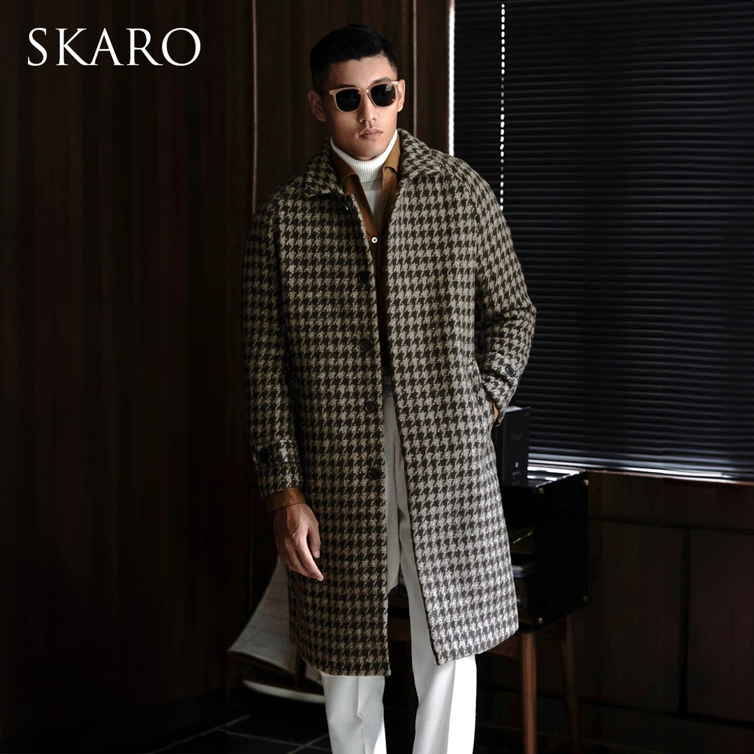 【含羊毛】SKARO男士千鸟格毛呢大衣商务休闲巴尔玛领外套中长款