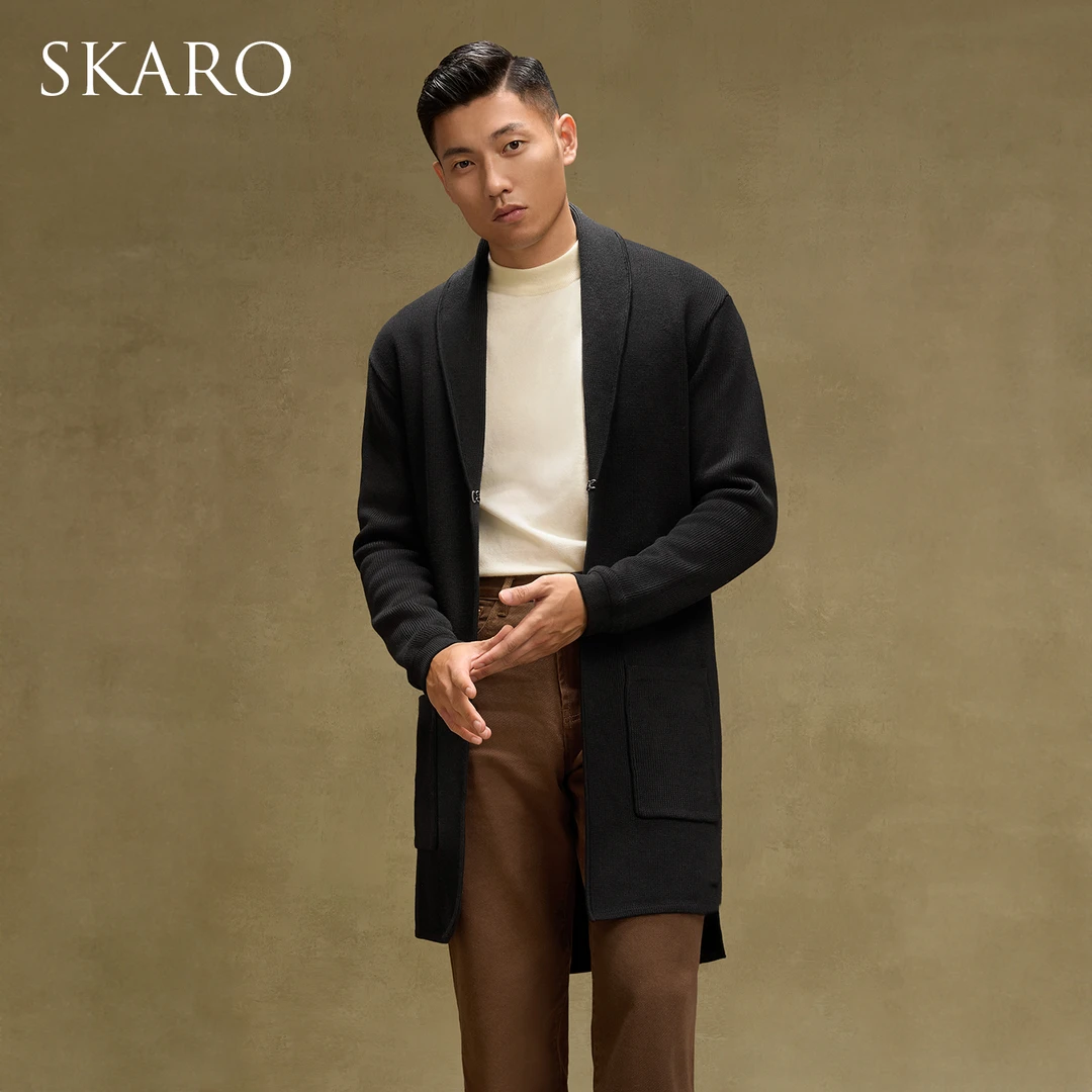 【青果领】SKARO黑色长款毛衣开衫外套男士商务休闲针织24秋冬