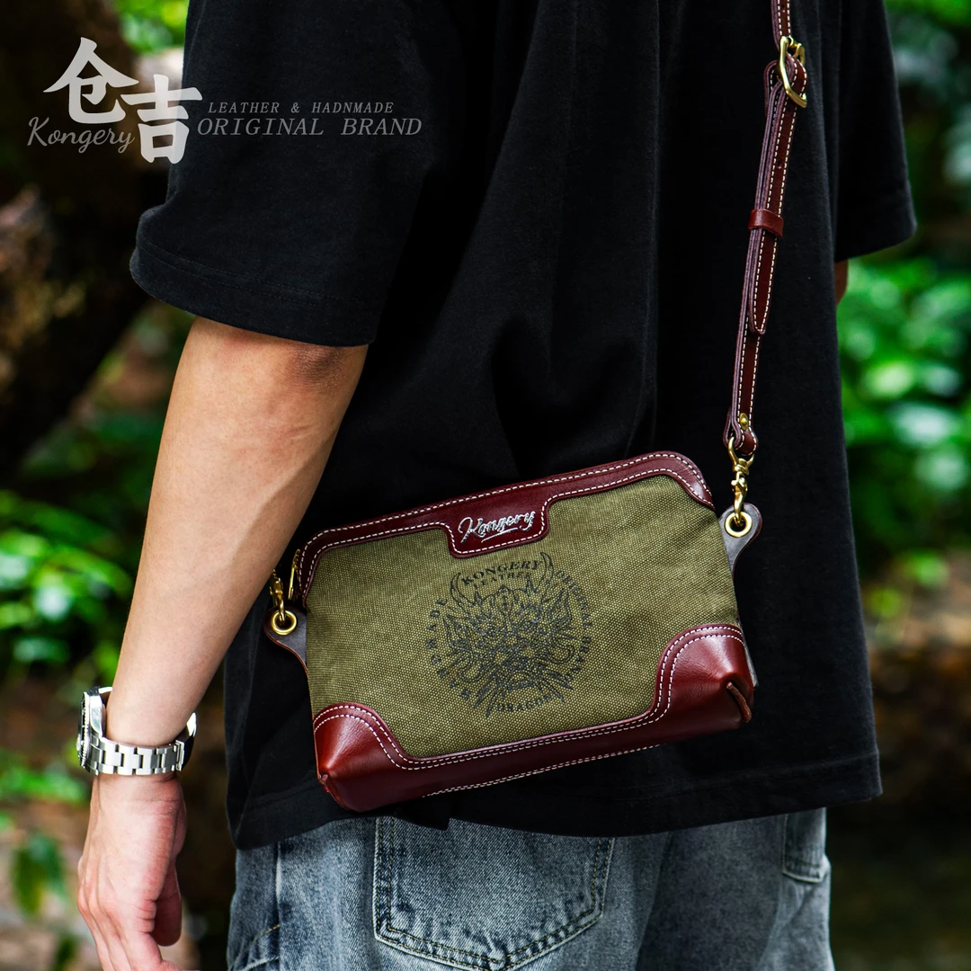 美式复古单肩包！仓吉手工头层牛皮帆布斜挎包夏季百搭休闲手机包