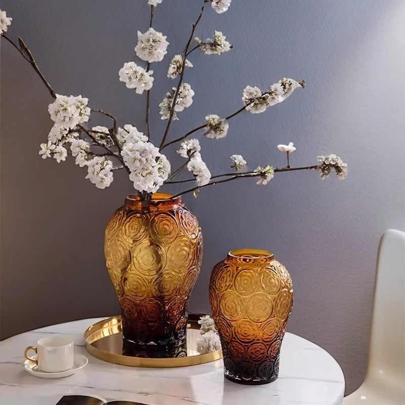 ins风花瓶插花水养 轻奢浮雕花瓶玻璃透明高级感客厅卧室桌面花瓶