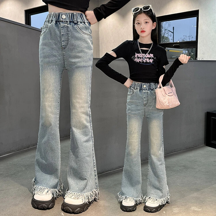 女童裤子秋季2024新款中大童高弹阔腿长裤夏装儿童牛仔喇叭裤