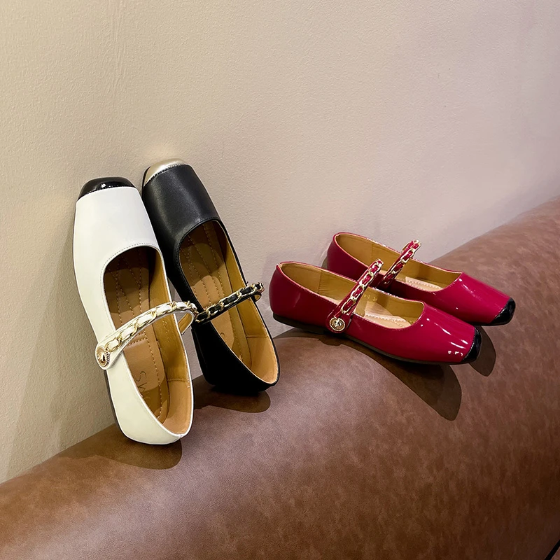 拼色方头玛丽珍女鞋2025春新款浅口百搭一字带休闲平底鞋大码单鞋