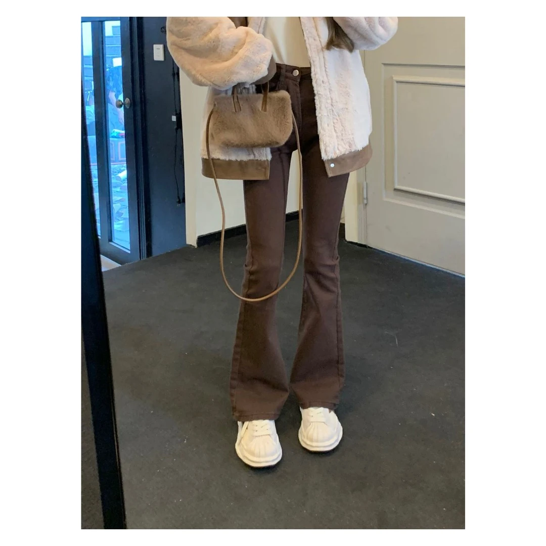 158松本丧丧设计感高腰微喇加绒牛仔裤长裤紧身裤B223V0250