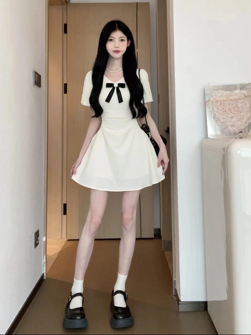 松本丧丧奶油收腰裙蝴蝶结收腰短款显瘦A字裙短袖连衣裙B231Q1332