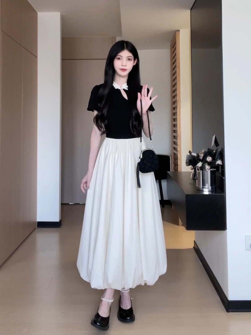 松本丧丧新中式花苞裙拼接感收腰短袖裙A字连衣裙B241Q1097