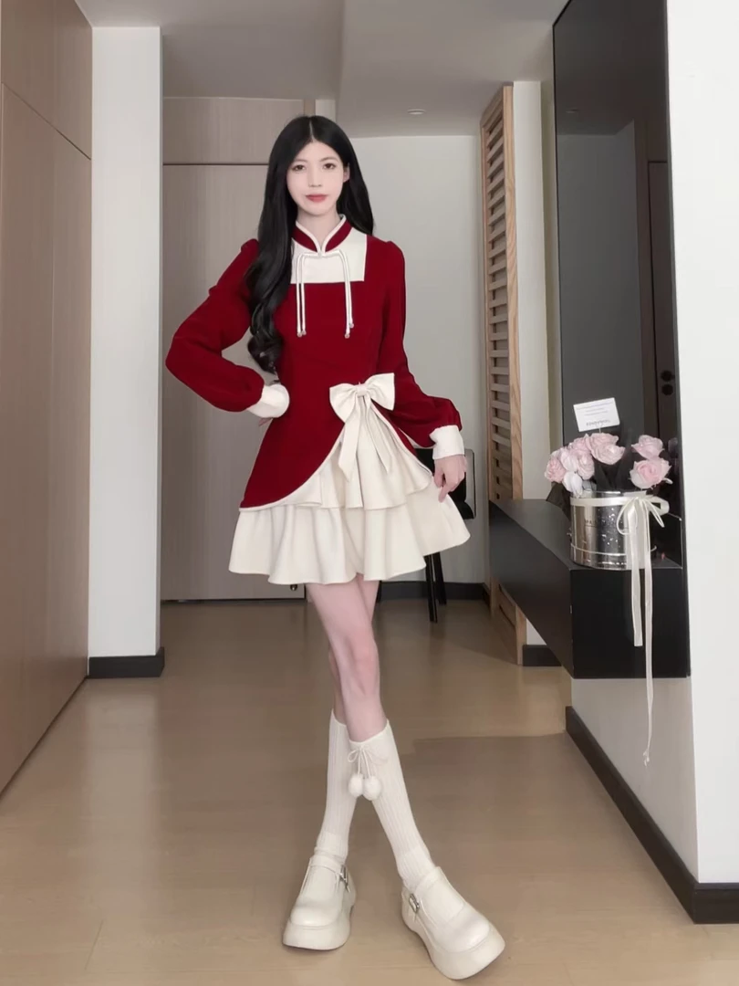 清仓97新中式俏皮蝴蝶结气质连衣裙秋冬显瘦收腰长袖B244Q2312