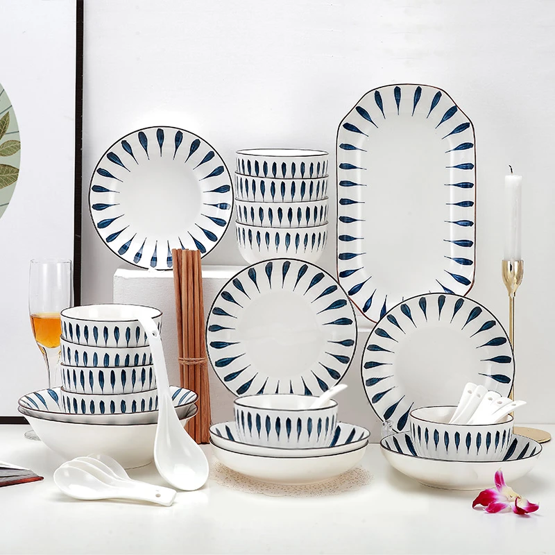 富彩陶瓷千叶草30件套碗碟盘釉下彩碗碟个性盘子陶瓷餐具套装家用