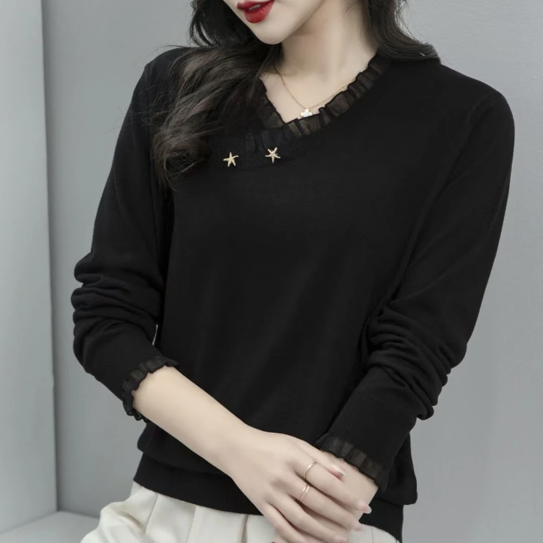 【以•恩】品牌工厂星星V领长袖打底衫木耳边显瘦洋气百搭宽松时尚