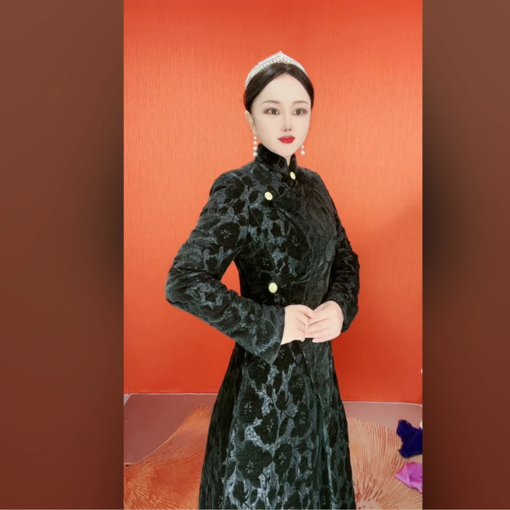 厚款保暖棉服织花立体花黑色长款