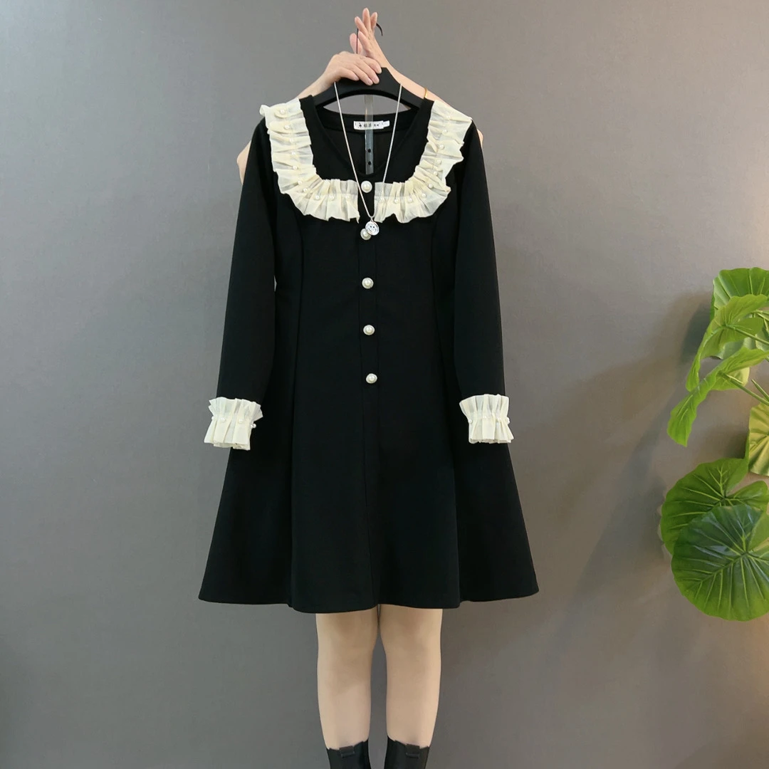 大码女装时尚木耳花边显瘦V领连衣裙洋气设计