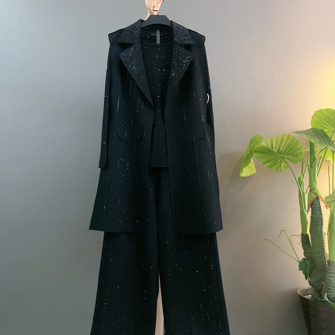 大码女装镶钻上衣宽松阔腿裤纯色显瘦套装胖MM早秋新款三件套