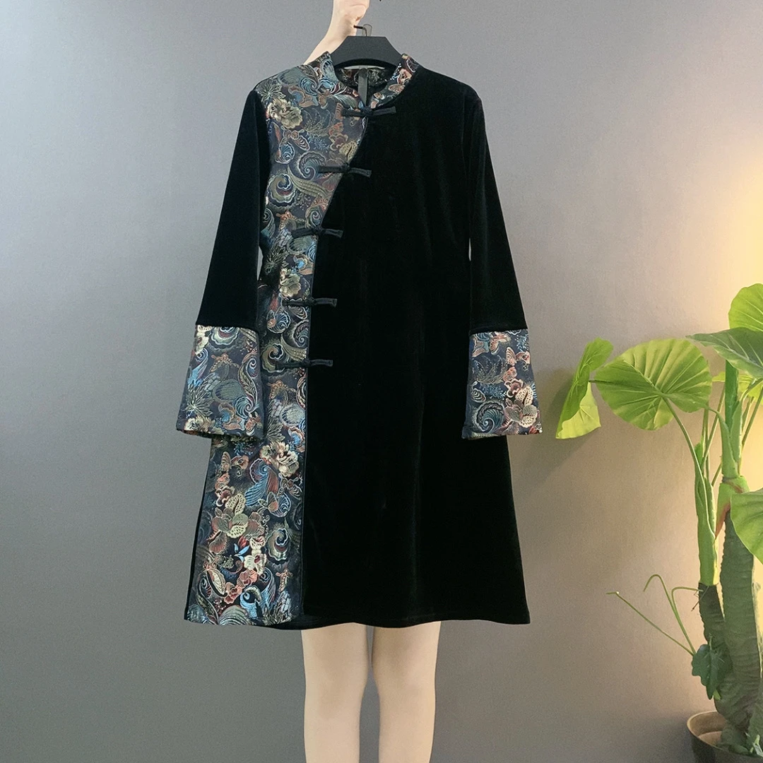 大码女装胖MM国风气质斜襟盘扣改良旗袍丝绒连衣裙