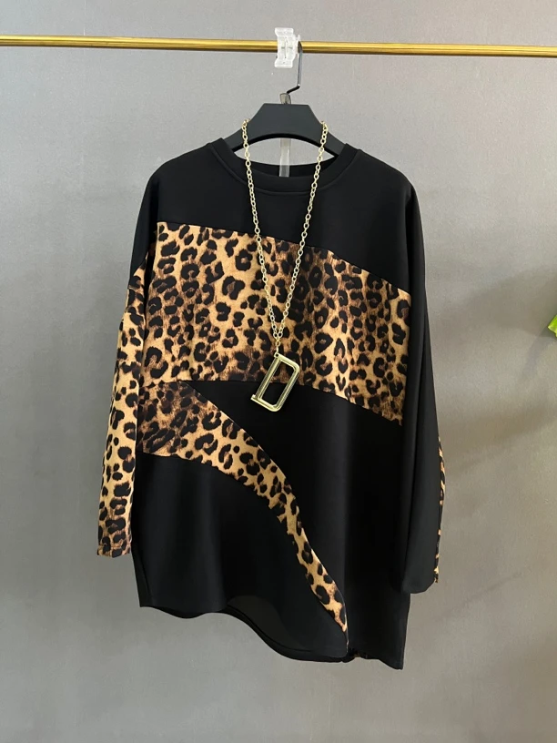 韩版休闲豹纹圆领卫衣宽松遮肉显瘦减龄潮流洋气款