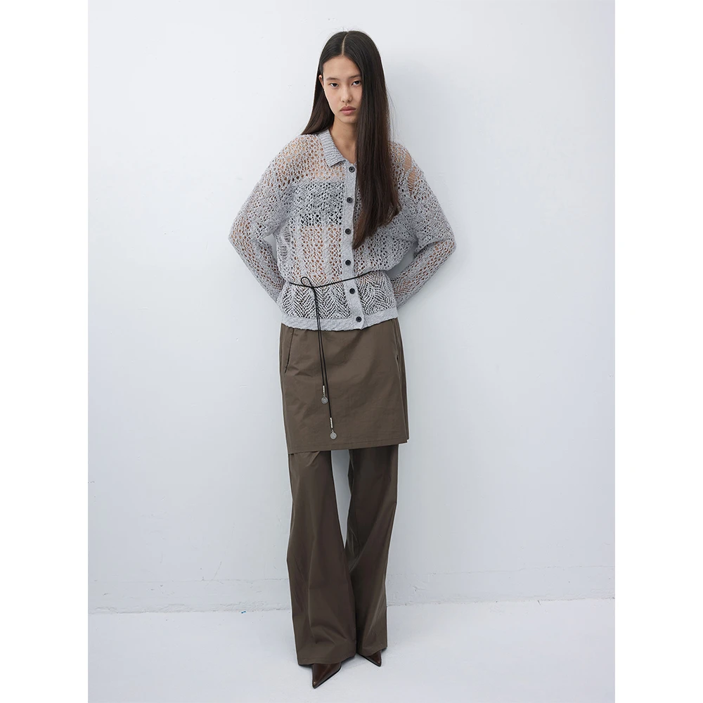 RandomPiece24新品 立体长绒棉花式纱 镂空设计感翻领针织开衫