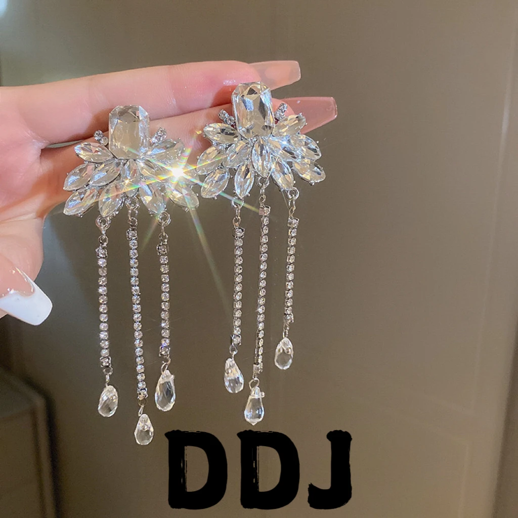 铜合金合成锆石耳饰 E-256轻奢大气个性长款满钻流苏耳环