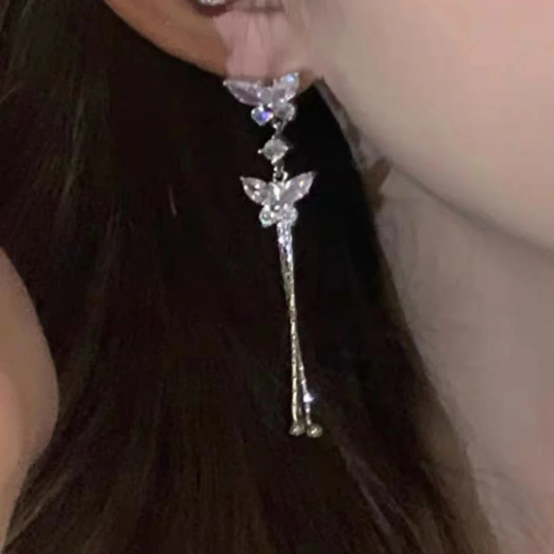铜合金合成锆石耳饰 E-104浪漫温柔气质简约流苏蝴蝶耳环耳坠