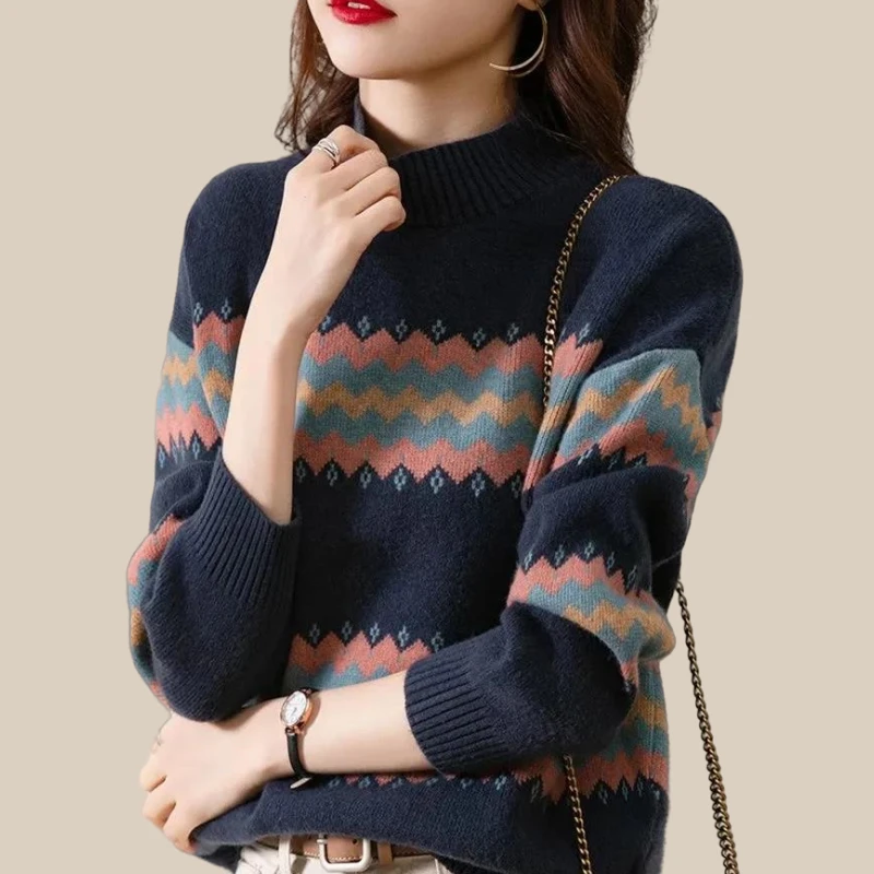 秋冬新款半高领毛衣女宽松大码时尚洋气韩版提花条纹套头针织衫潮