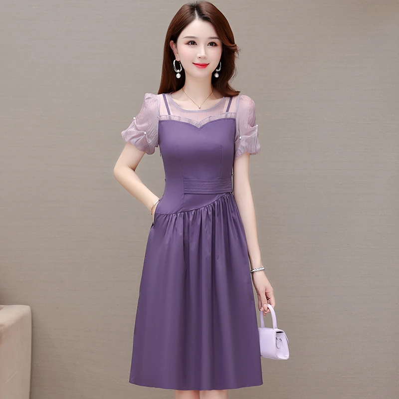 教师面试连衣裙2024夏季新款高端高贵拼接短袖收腰显瘦时尚连衣裙
