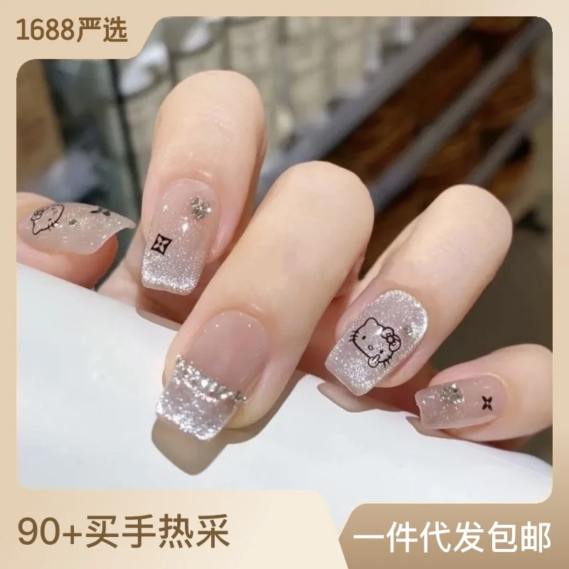 手工穿戴甲片短款kitty猫甜美可爱法式渐变猫眼卡通爆闪学生美甲