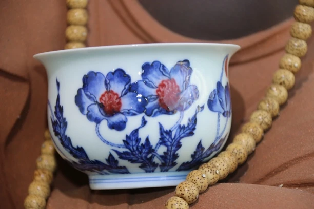 景德镇 歆蕴山房 青花釉里红虞美人炉式杯 茶杯陶瓷主人杯手绘