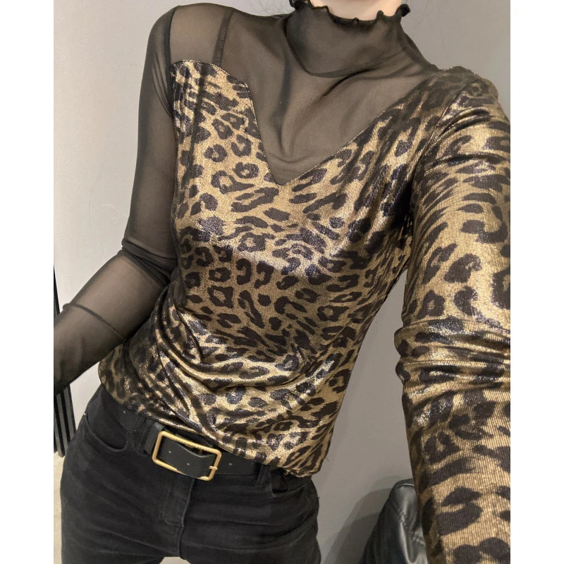 秋冬款半高领长袖打底衫女网纱拼接豹纹气质修身内搭微透T恤上衣