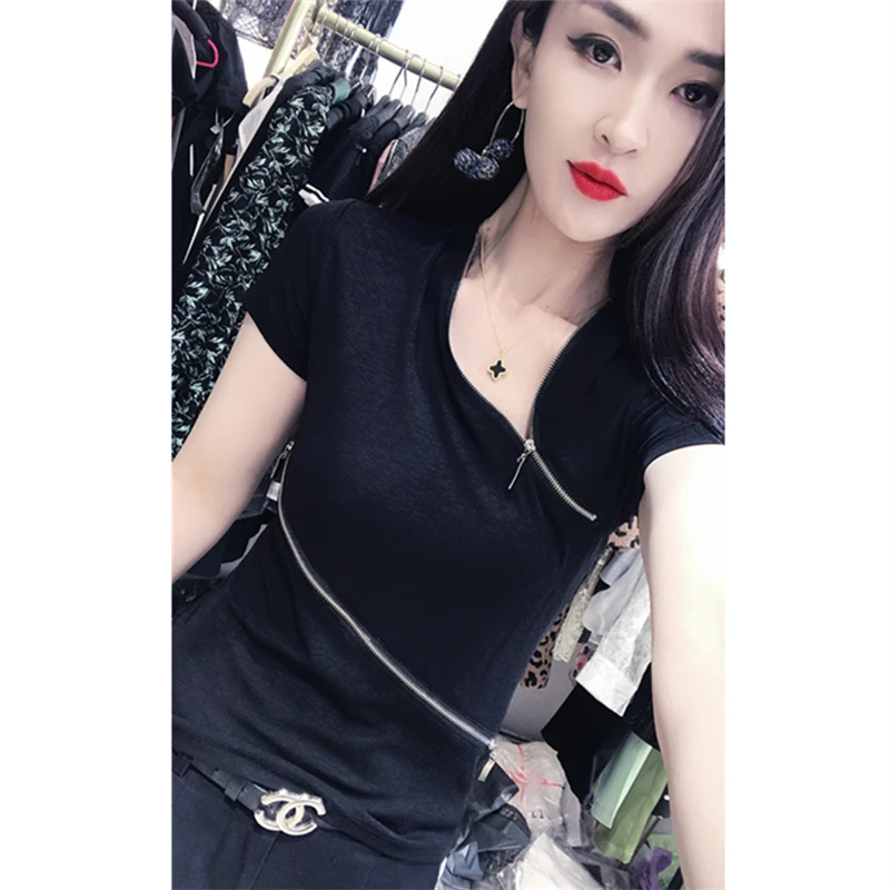 修身V领短袖T恤女夏季新款洋气微胖女装欧洲站高档轻奢女人味上衣