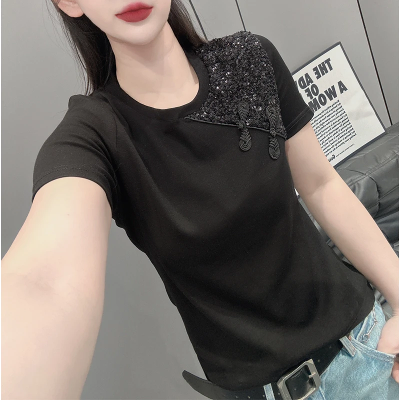 夏装新款修身亮片短袖t恤女轻国风新中式盘扣不规则正肩上衣小衫