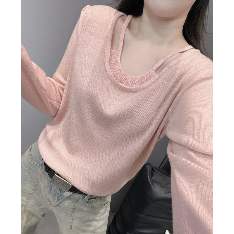 秋新款挂脖V领长袖针织衫女宽松显瘦气质毛衣打底小衫露锁骨上衣