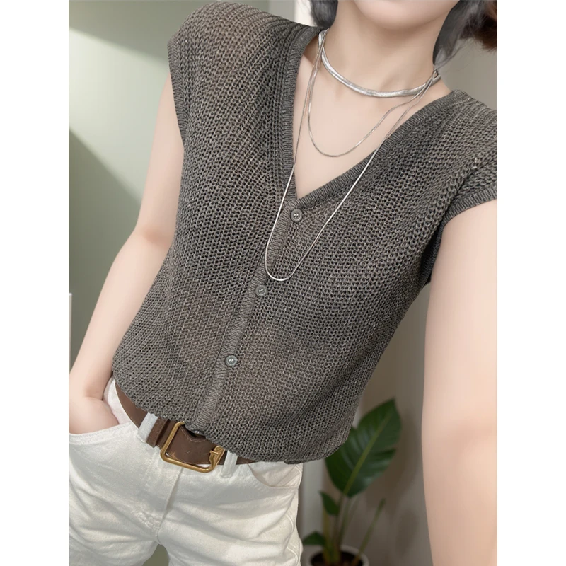 夏季新款修身v领冰丝针织开衫女短袖高级感洋气镂空外搭披肩上衣