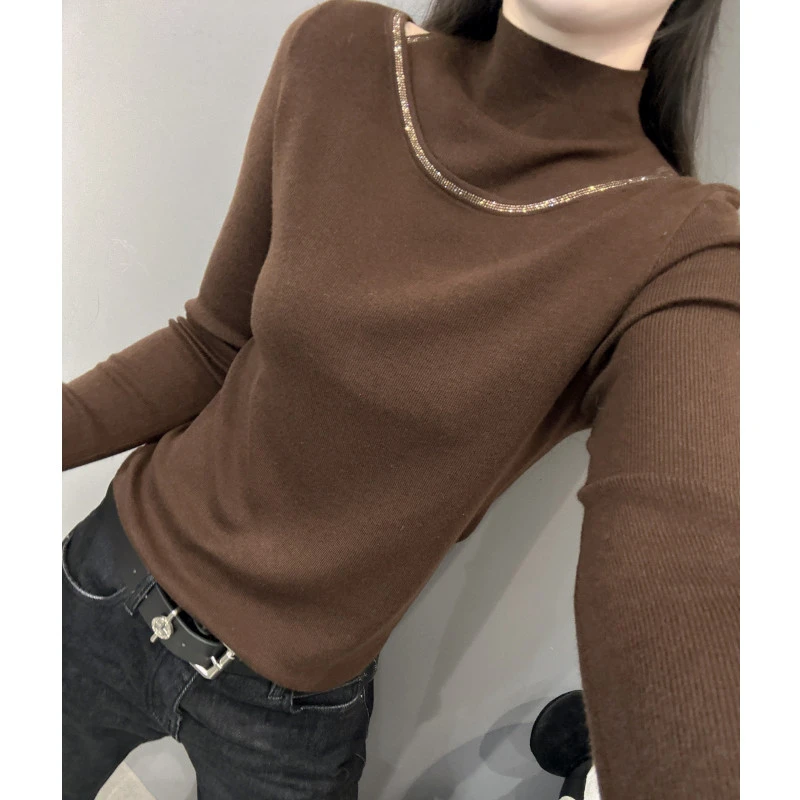 秋冬款半高领针织衫女长袖欧货修身内搭毛衣打底衫设计感烫钻上衣