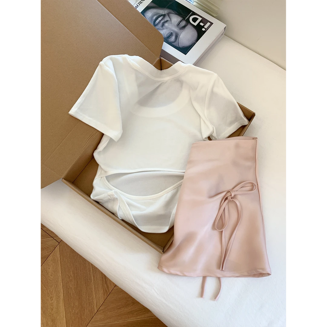 新款法式粉色蝴蝶结小众气质半身裙休闲开叉纯色夏季感白色裙子