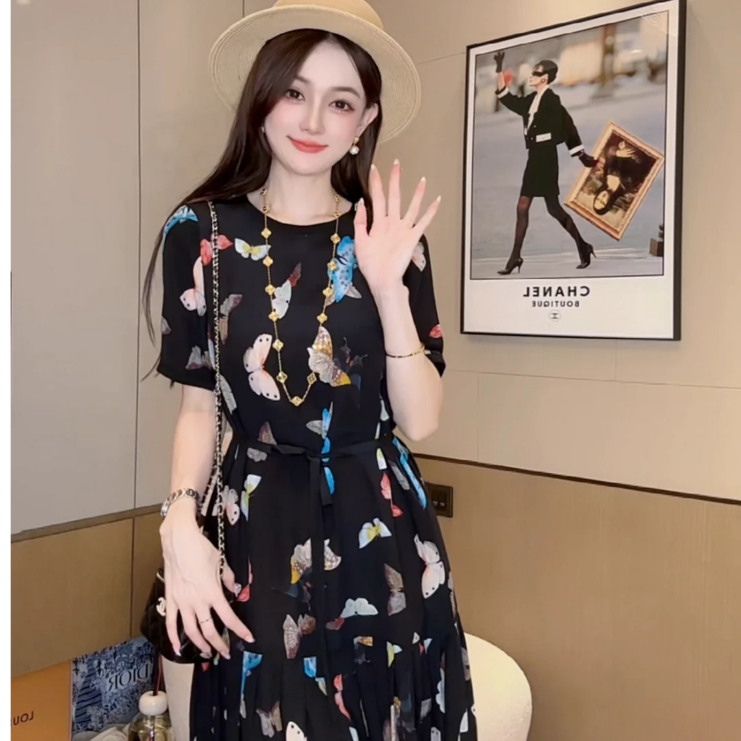 【丝芙玉禄】【S016】100%真丝双绉彩色印花蝴蝶桑蚕丝女装连衣裙