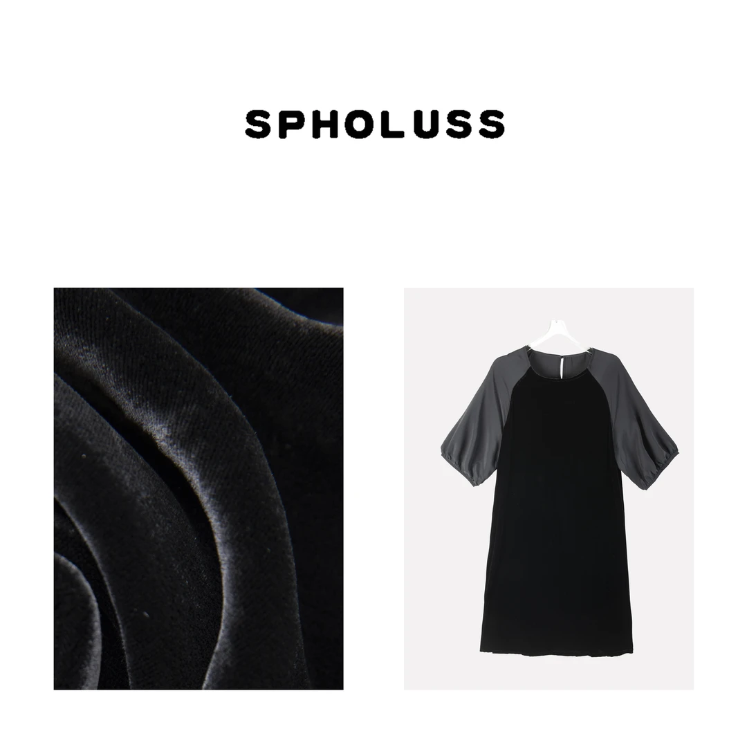 【丝芙玉禄】【K054】100%桑蚕丝重工袖子拼接长袖真丝丝绒连衣裙