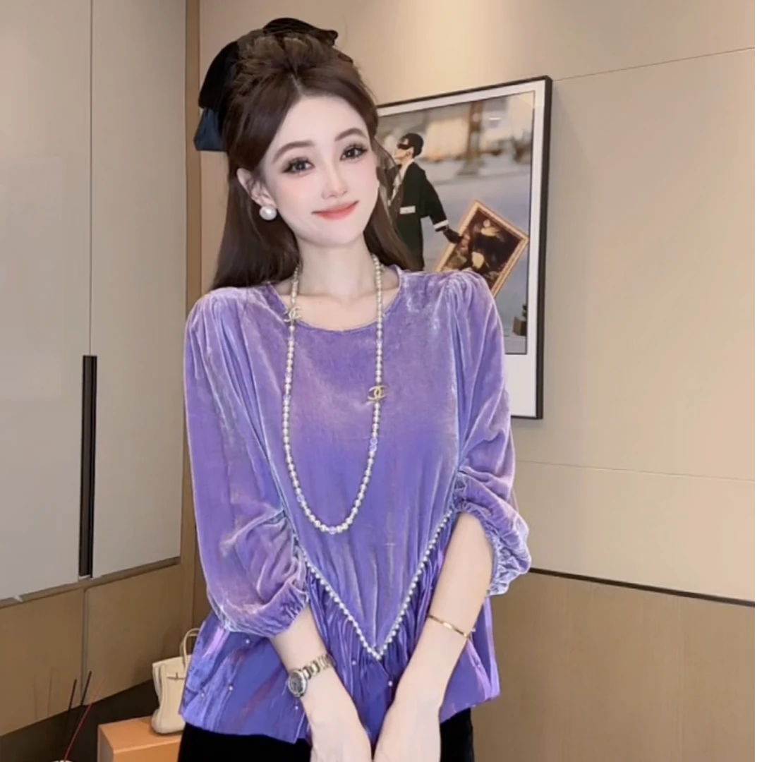 【丝芙玉禄】【F330】重磅100%真丝丝绒圆领串珠轻奢气质真丝丝绒上衣