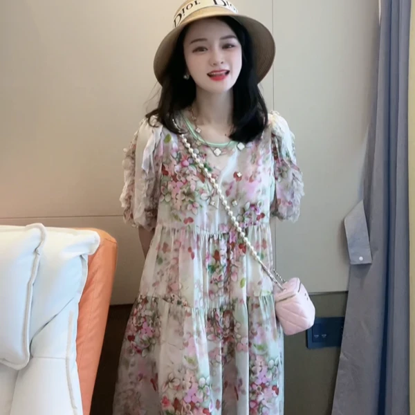 【深圳南油】（B129）+（短款）高端大气泡泡袖印花桑蚕丝连衣裙