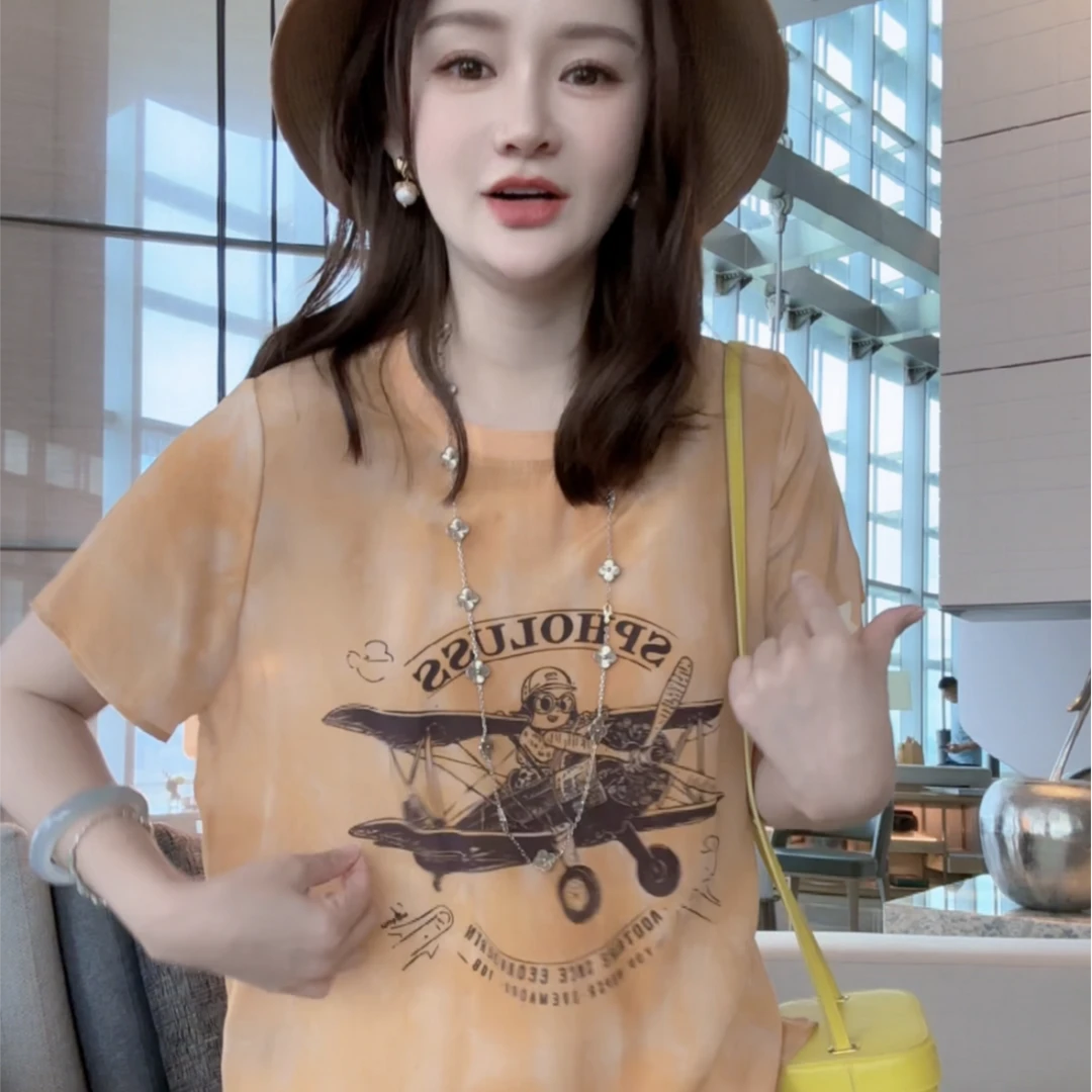 【丝芙玉禄】（F177）100%真丝双绉飞行员复古桑蚕丝t恤上衣