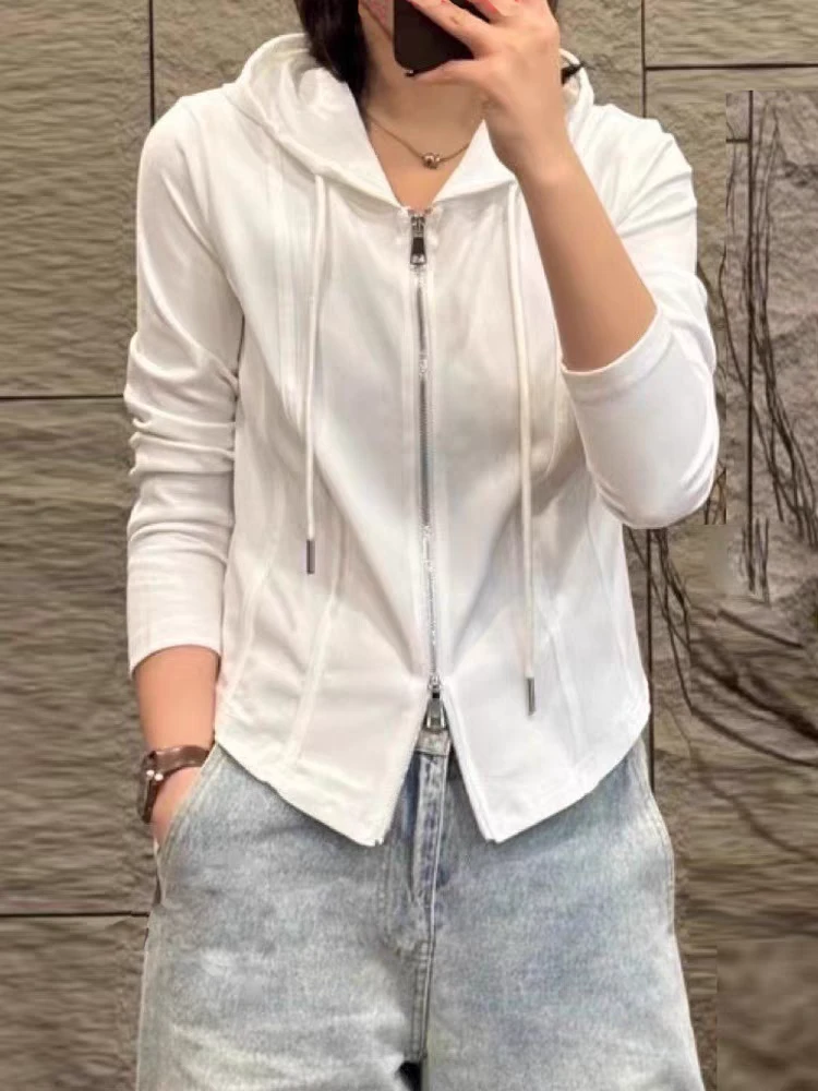 秋季新款韩版双拉链设计连帽开衫修身显瘦短外套长袖