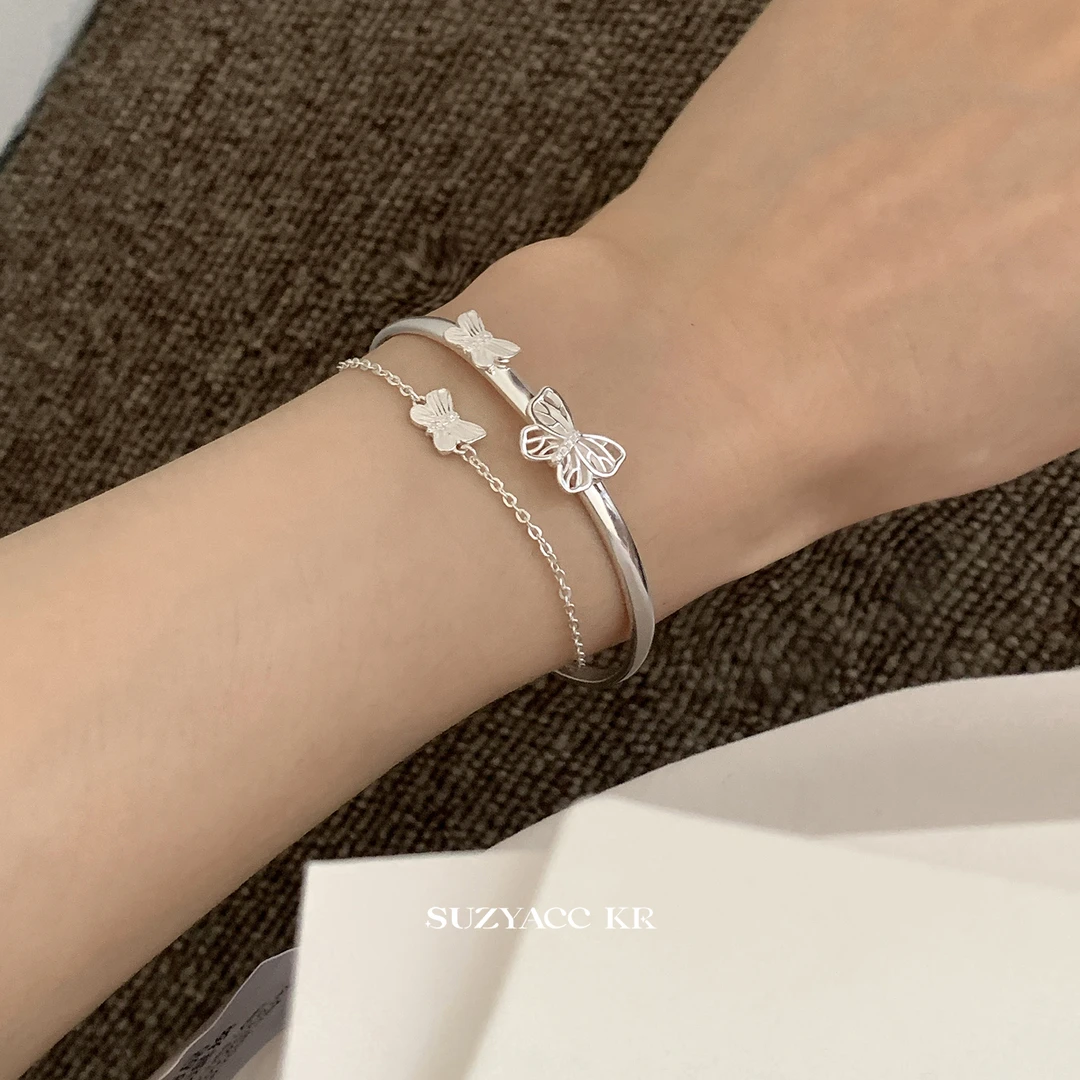 Suzyacc Kr 925银手链 纯银蝴蝶双层手镯气质网红轻奢小众C2193