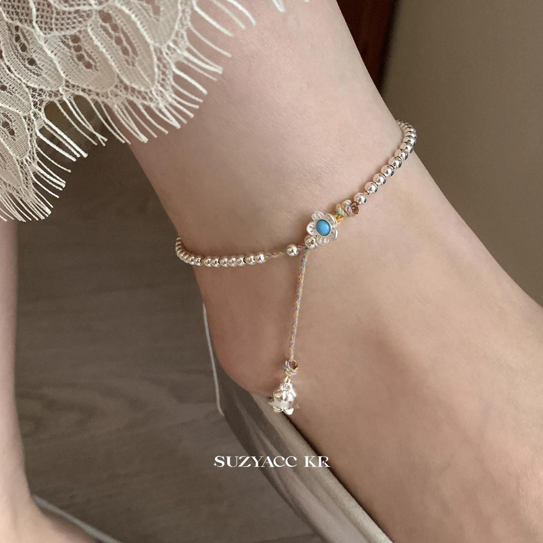 Suzyacc Kr 925银脚链 森系花朵纯银珠子脚链气质百搭个性C2156