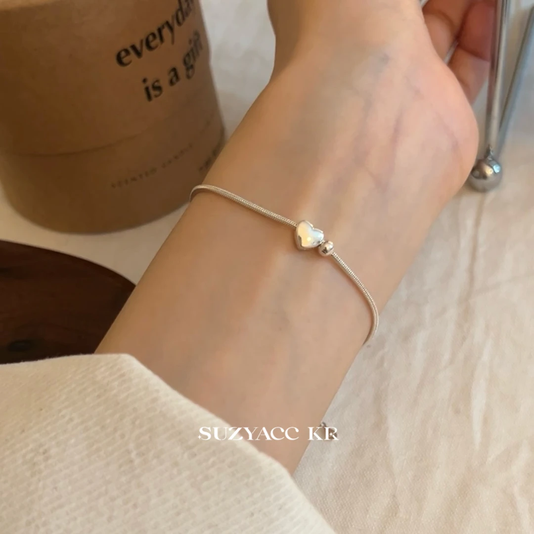 Suzyacc Kr 925银手链 爱心蛇骨链气质简约百搭甜美手饰礼物C2146