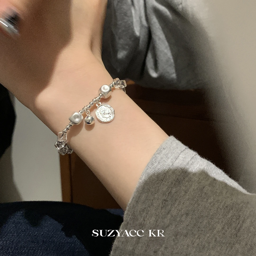 Suzyacc Kr 925银手链 透明串珠纯银人头像手链气质百搭个性C2190