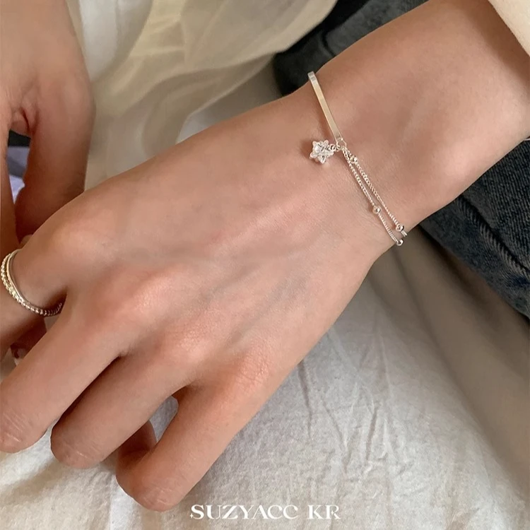 Suzyacc Kr 925银合成锆石手链 星星吊坠半镯半链银手链 DC0124