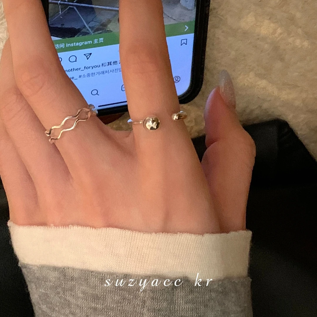 Suzyacc Kr 925银戒指 气质时尚双层波浪圆球开口戒指J0668